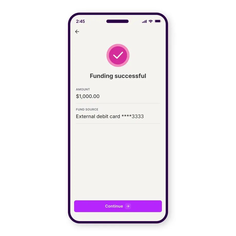 A mobile phone screen showing "Funding successful" with an amount of $1,000.00 from an external debit card.