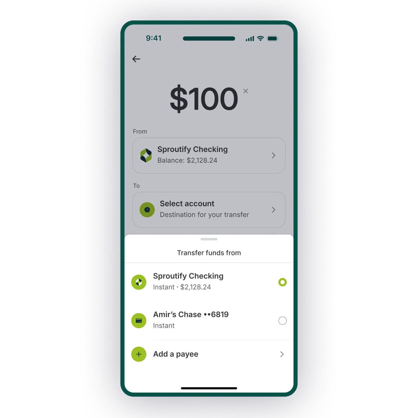 A mobile banking app on a phone displays a $100 transfer. A pop-up shows Sproutify Checking selected as the source account.