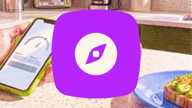 Colored pencil illustration of a hand holding a smartphone with a gauge app, a large purple compass icon, and avocado toast on a kitchen counter.