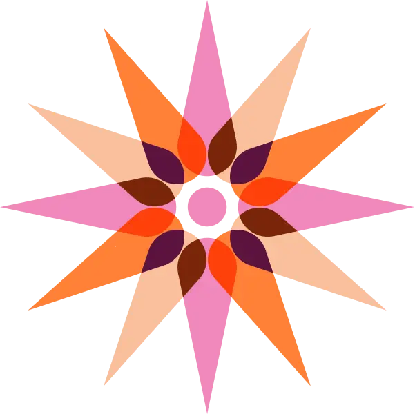 A colorful abstract star design with overlapping pink, orange, purple, and brown shapes.