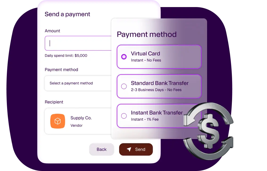 Mobile payment app interface displaying virtual card and bank transfer options, with a circulating dollar sign symbol.