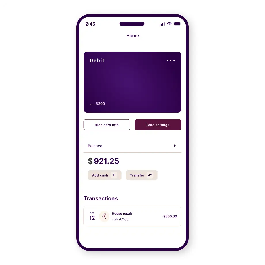A mobile banking app home screen displaying a debit card, account balance, and recent transactions.