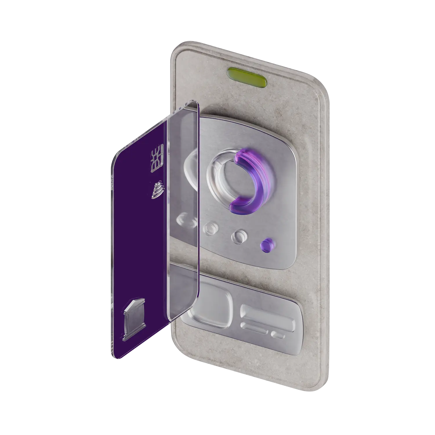 A grey card with a blue bank icon cube and a purple card with a green lightning bolt icon cube.
