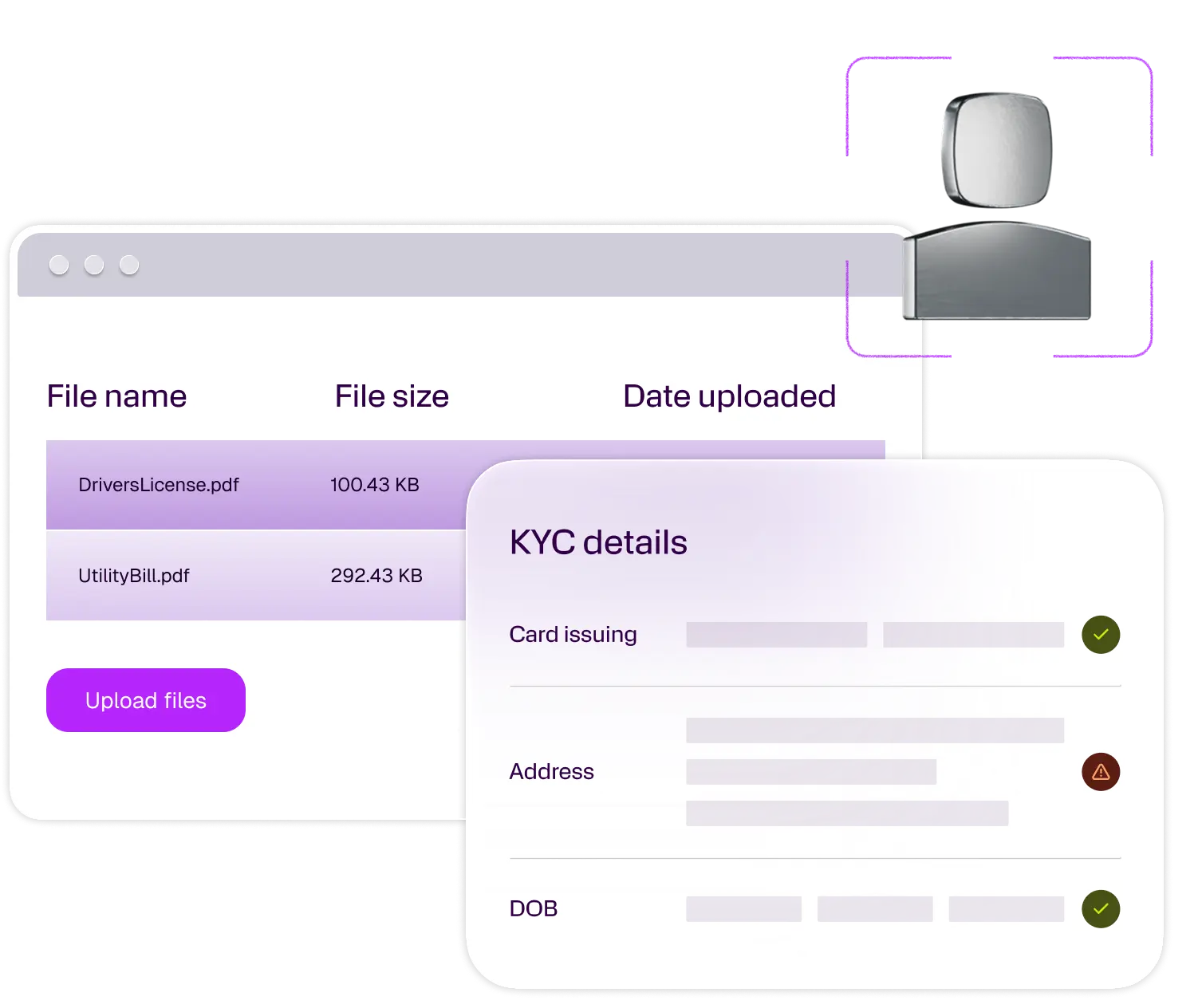 Digital KYC process: document uploads, verified personal details, and a biometric scanner.