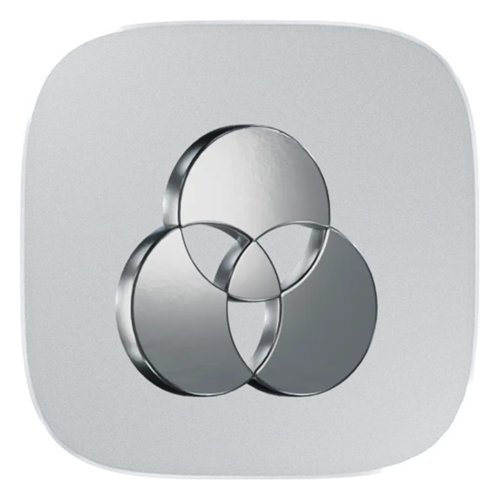 Metallic silver icon of three overlapping circles, centered on a light gray rounded square.