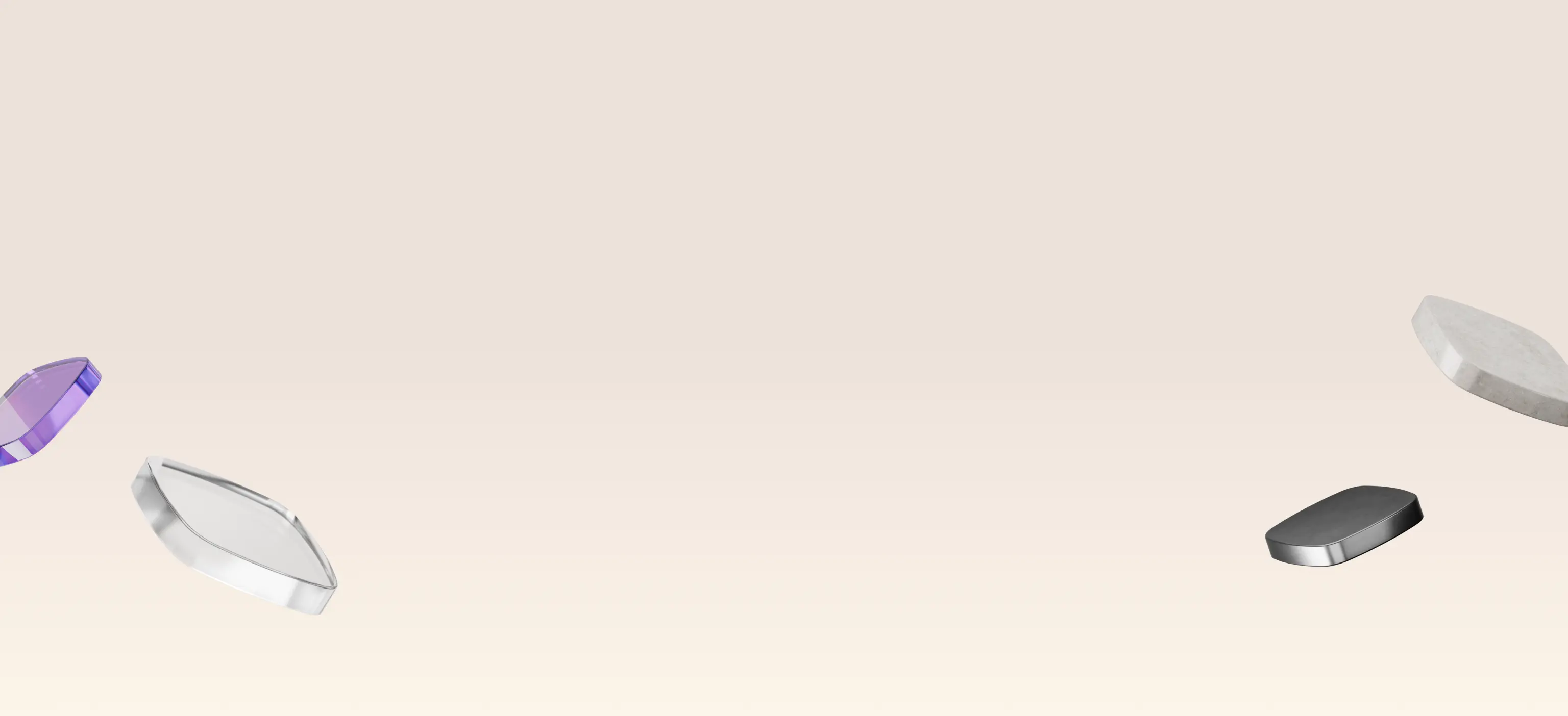Four stylized shapes in purple, clear, dark grey, and light grey float on a pale background.