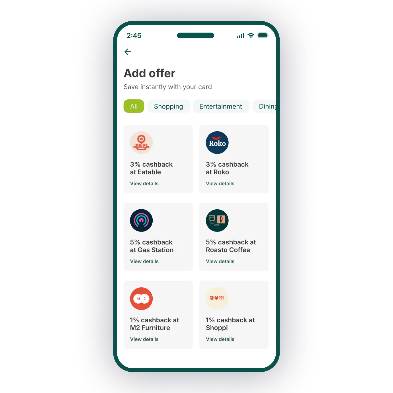 A mobile app screen titled "Add offer" displays various cashback deals from merchants like Eatable, Roko, and Roasto Coffee, organized by categories.