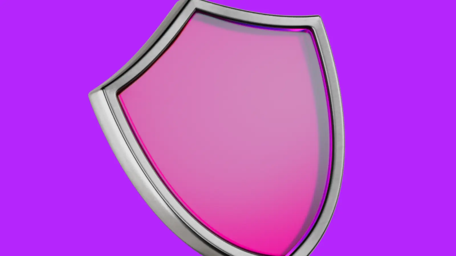A pink shield with a silver border against a purple background.