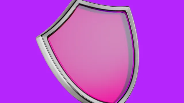 A pink shield with a silver border against a purple background.