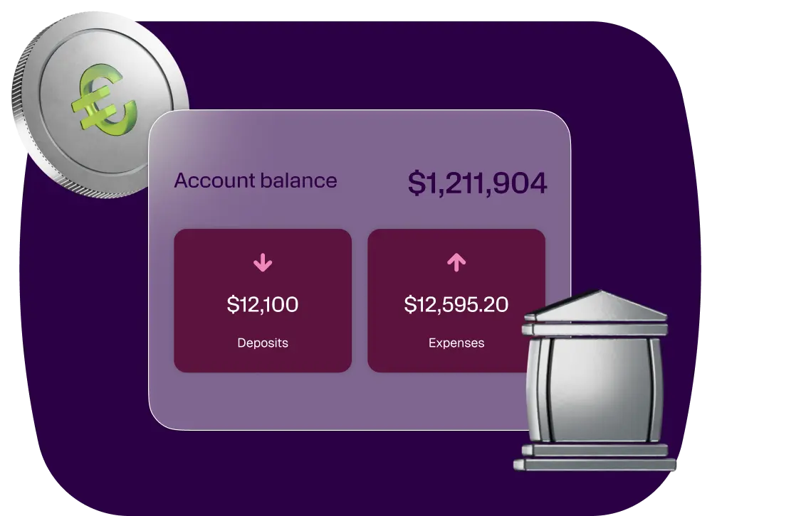 Financial app interface showing account balance, deposits, and expenses, with a Euro coin and a piggy bank icon.