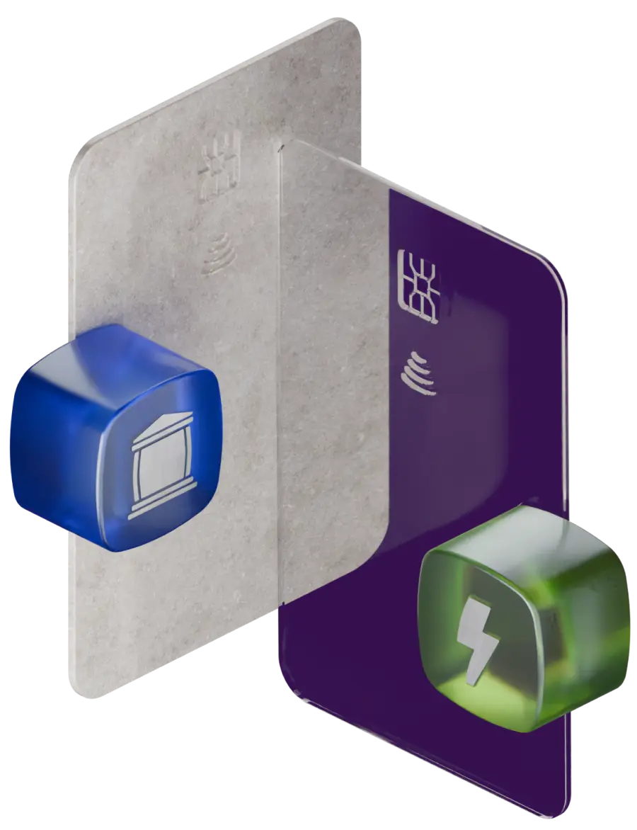 A grey card with a bank icon next to a purple card with a lightning bolt icon.