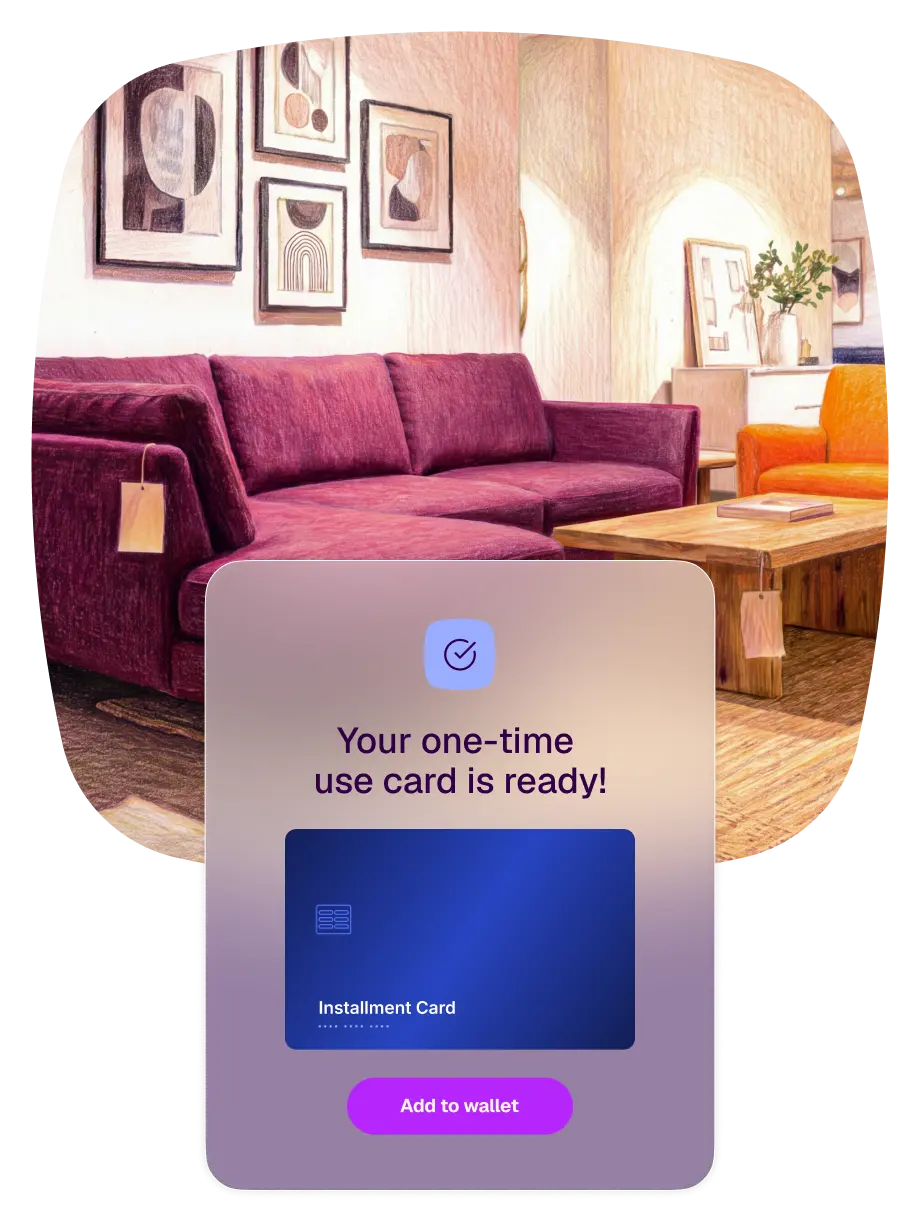 A pop-up shows a blue virtual "Installment Card" with the text "Your one-time use card is ready!", overlaid on a colored pencil drawing of a furniture showroom with a red sofa.