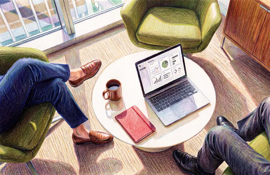 Illustrated overhead view of two people's legs in armchairs around a coffee table with a laptop displaying charts, a coffee mug, and a notebook.