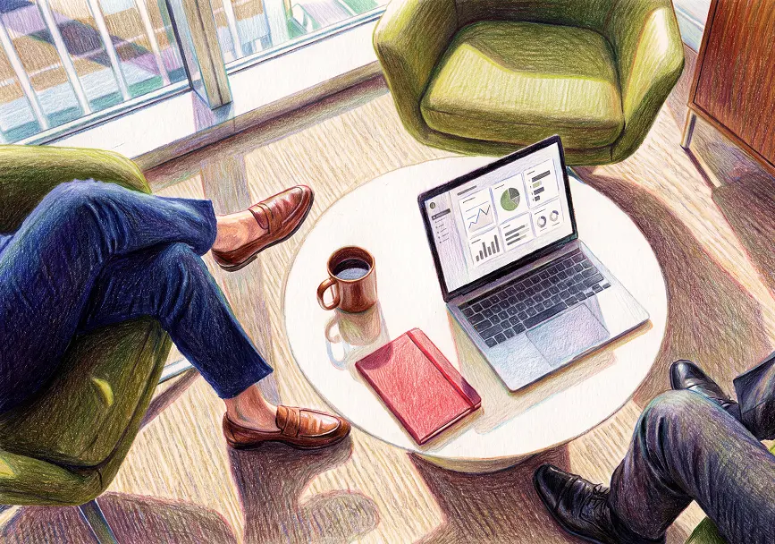 Overhead illustration of two people's legs in armchairs around a table with a laptop displaying data, a coffee cup, and a notebook.