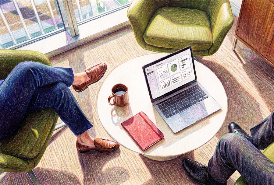 Overhead view of two people relaxing in armchairs, with a laptop showing data charts, a coffee mug, and a red notebook on a table between them.