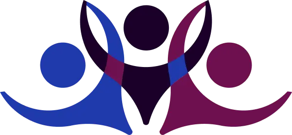 Abstract logo with three interconnected figures in blue, purple, and dark purple.