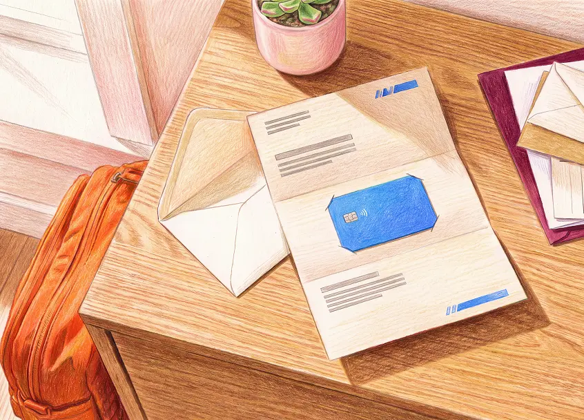Illustration of a new credit card in an opened letter, surrounded by mail and a charging smartphone on a wooden table.