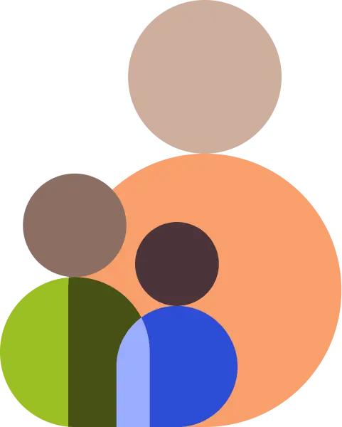 Abstract icon of three people composed of colorful geometric shapes.
