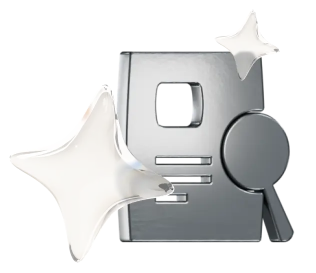 Shiny silver ID card icon with a magnifying glass and sparkling stars.