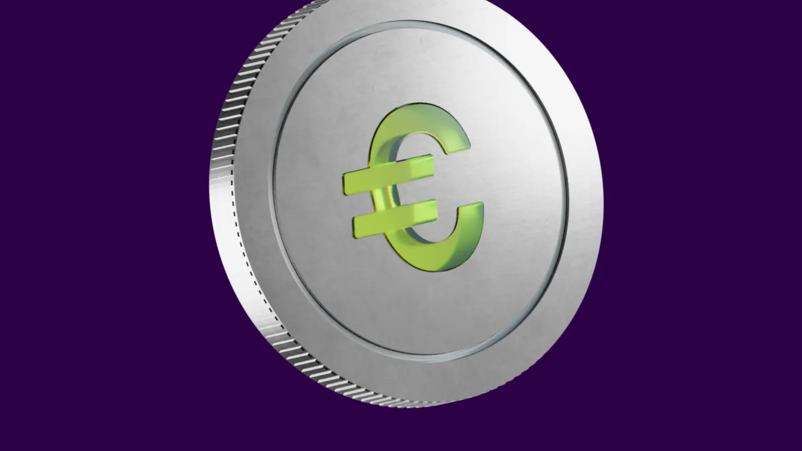 Silver coin with green Euro symbol on purple background.