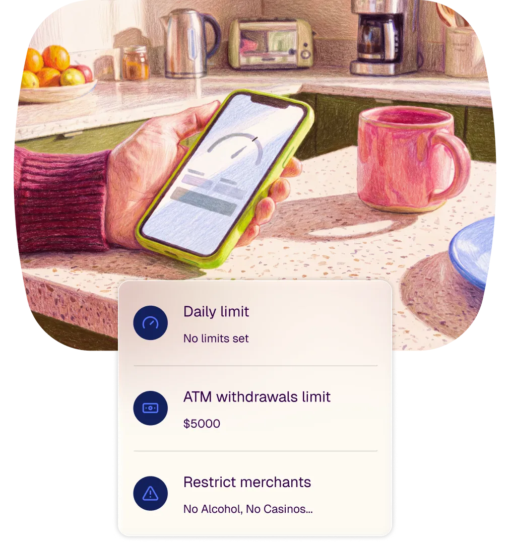 Colored pencil illustration of a hand holding a smartphone in a kitchen, displaying settings for daily spending, ATM withdrawals, and merchant restrictions.