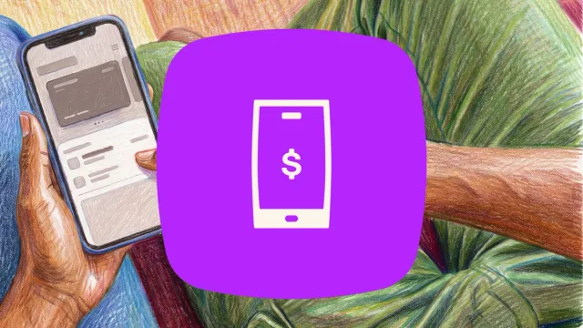 Colored pencil illustration of a person holding a smartphone displaying a banking app, with a purple overlay icon showing a phone with a dollar sign.