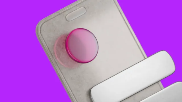 Light gray phone with a pink circular attachment and a white bar, on a purple background.