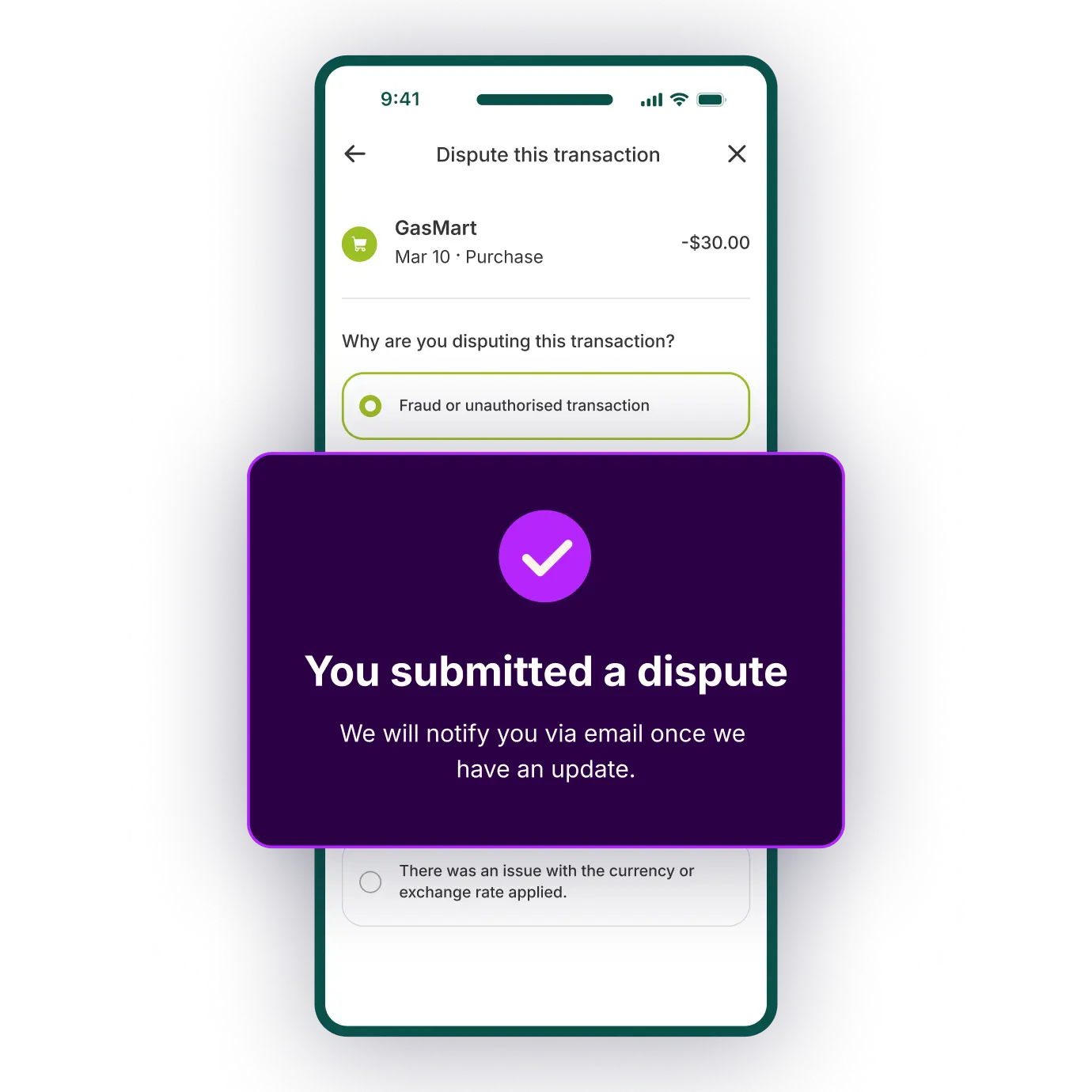 Mobile app screen showing a transaction dispute for GasMart (fraud selected) with a 'You submitted a dispute' confirmation pop-up.