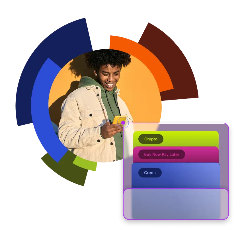 Smiling man on phone, with financial options like Crypto, Buy Now Pay Later, and Credit displayed.