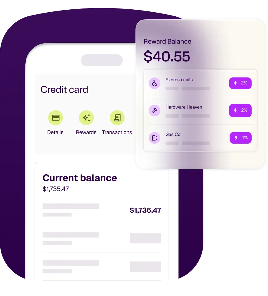 A mobile app screen showing a credit card's current balance, reward balance, and reward categories.