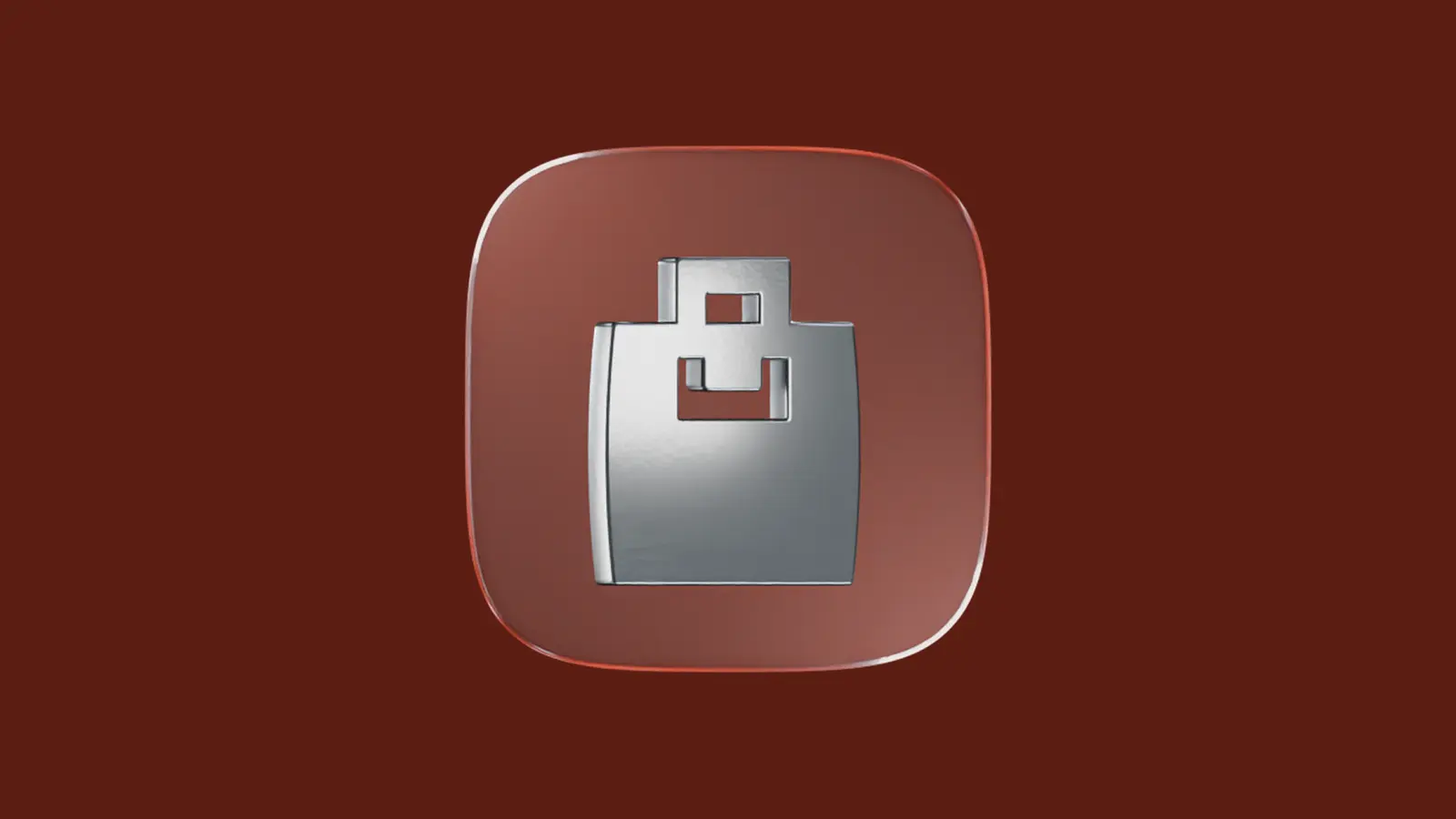 Metallic shopping bag icon on a glossy reddish-brown button.