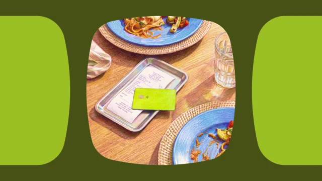 Illustration of a restaurant bill and a green credit card on a tray, with plates of leftover food on a table.