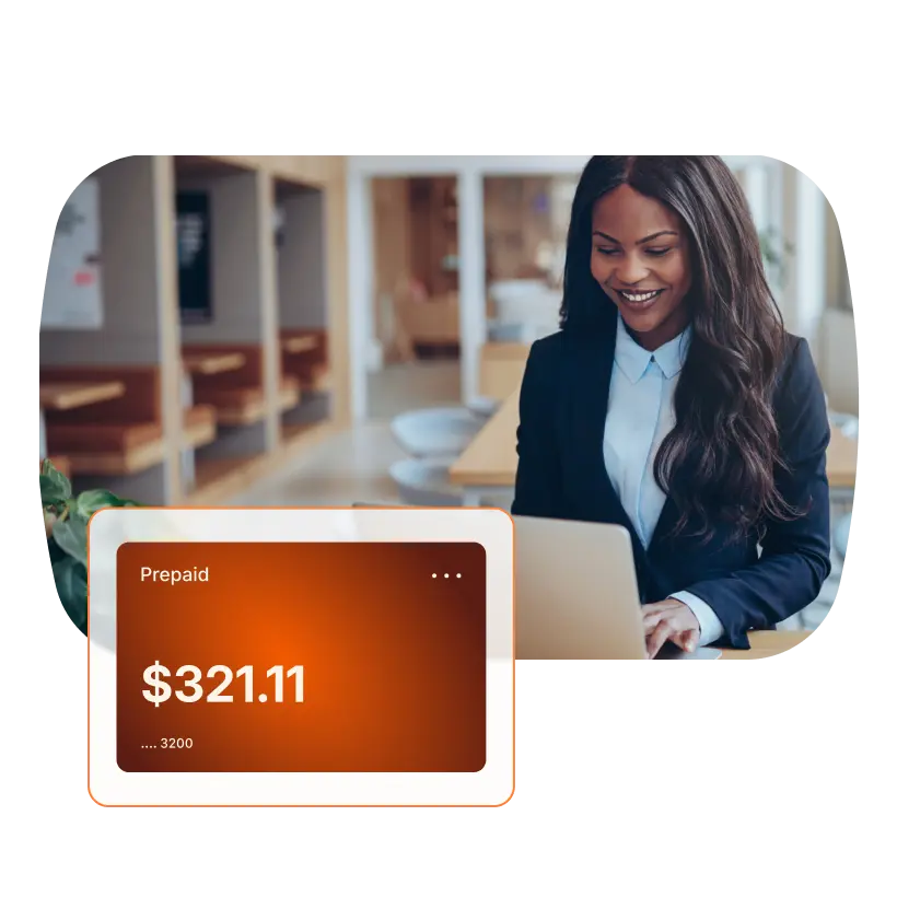Smiling woman on a laptop, with an overlaid digital card showing a $321.11 prepaid balance.