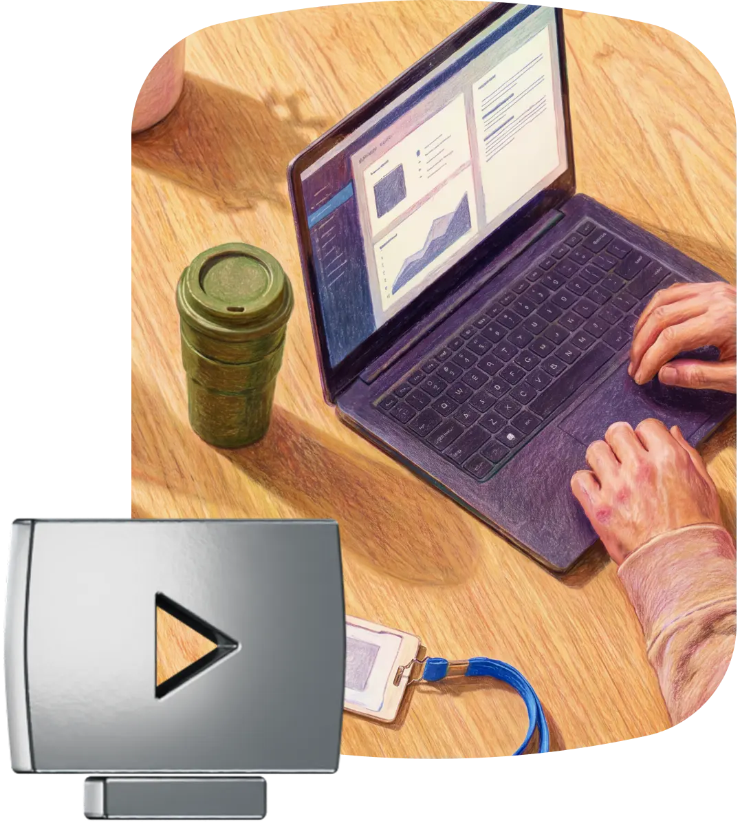Hands typing on a laptop displaying charts, with a coffee cup and ID badge on a wooden desk, alongside a silver monitor icon with a play button.