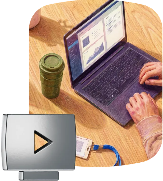 Hands typing on a laptop displaying charts, with a coffee cup and ID badge on a wooden desk, alongside a silver monitor icon with a play button.