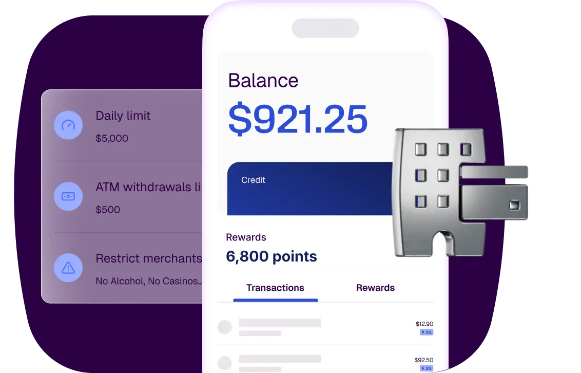 Mobile banking app on a smartphone displaying balance, reward points, and card control settings, with an ATM icon overlaid.
