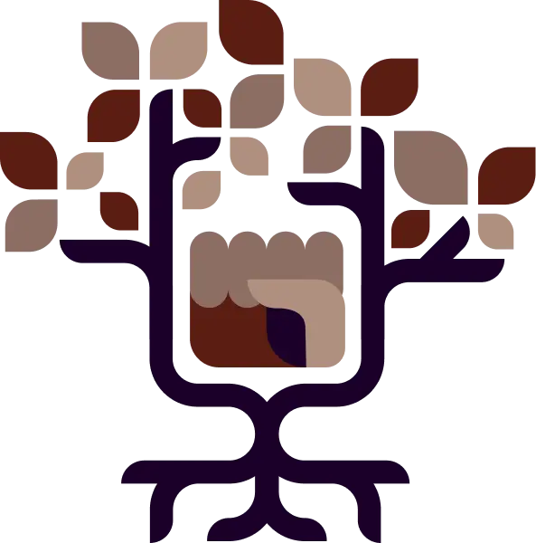 A stylized tree with a clenched fist forming its trunk, depicted in earthy tones.