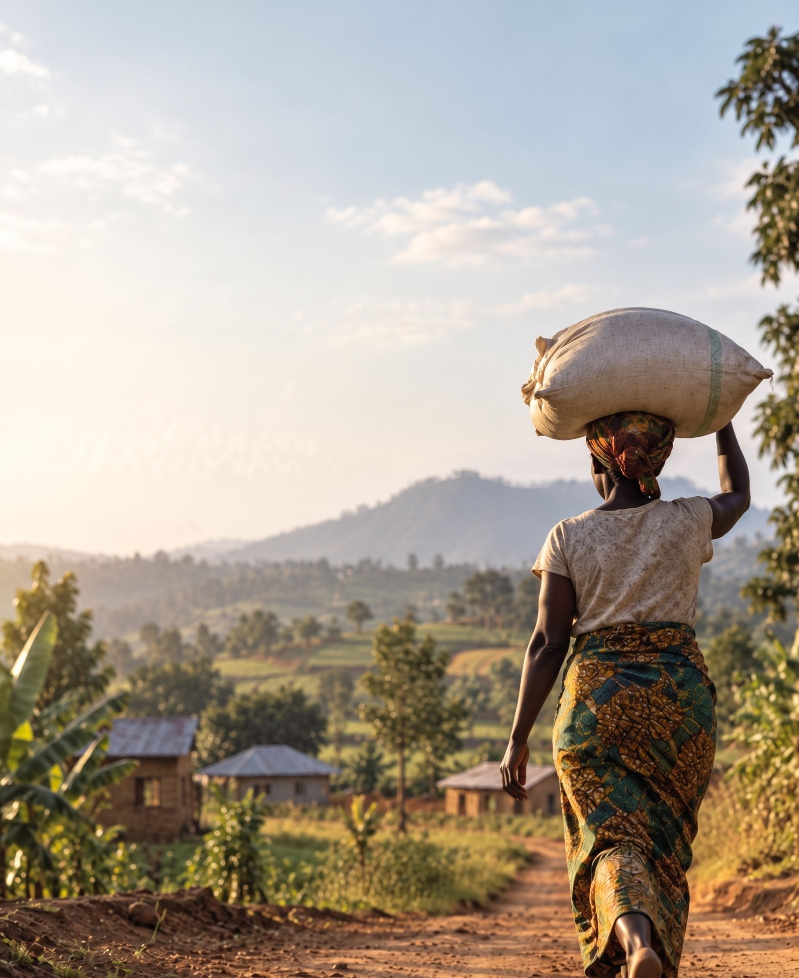 Woman carrying a sack on her head along a rural path