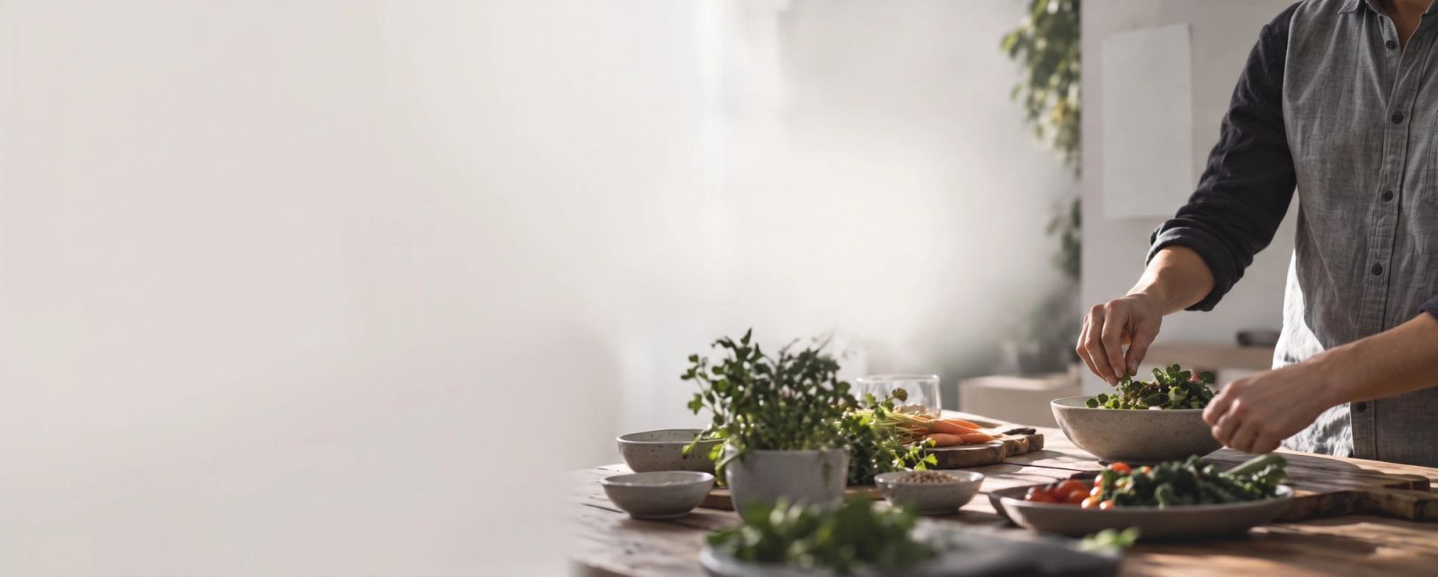 Person preparing vegetable dishes at a wooden table