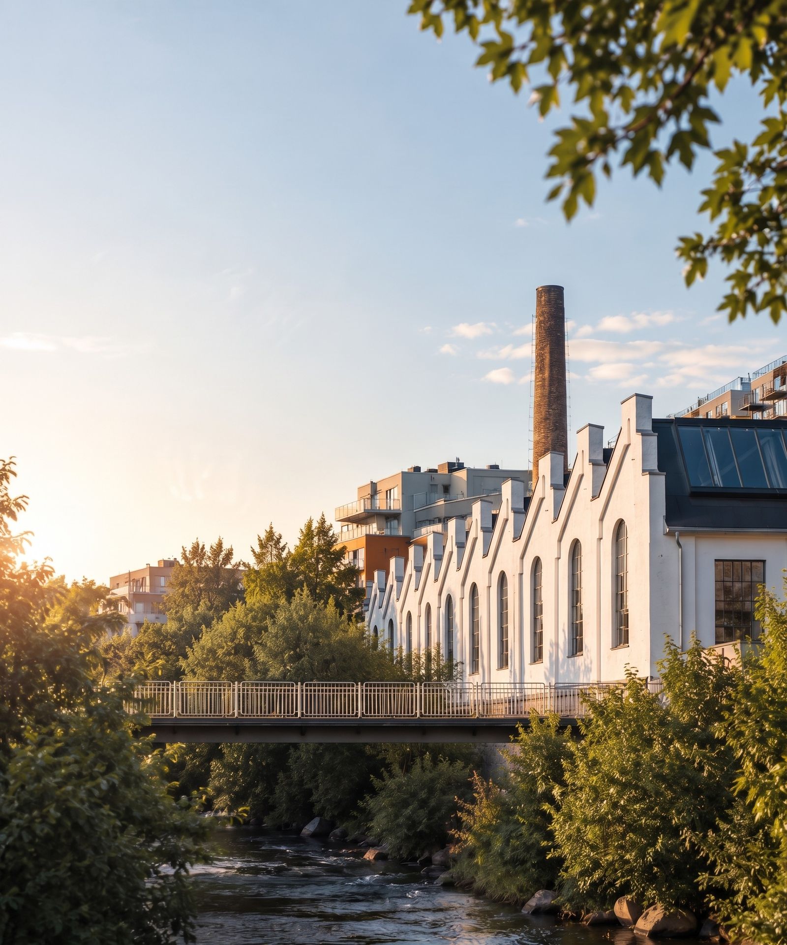 White brick factory building with a chimney beside a river