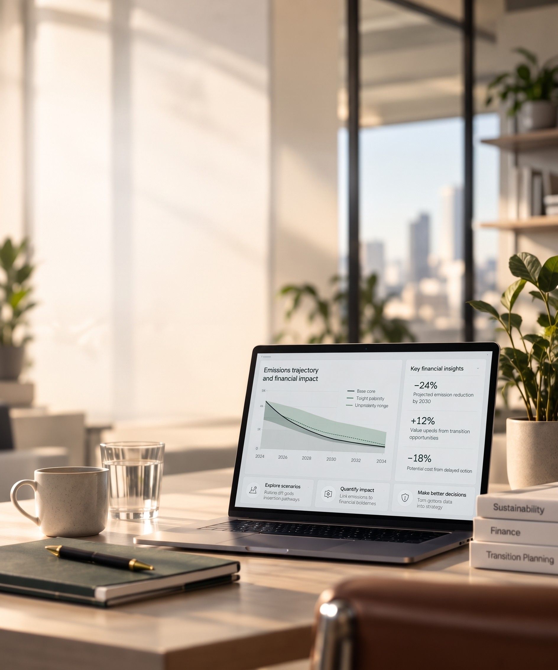 Laptop on an office desk showing an emissions and financial-impact dashboard