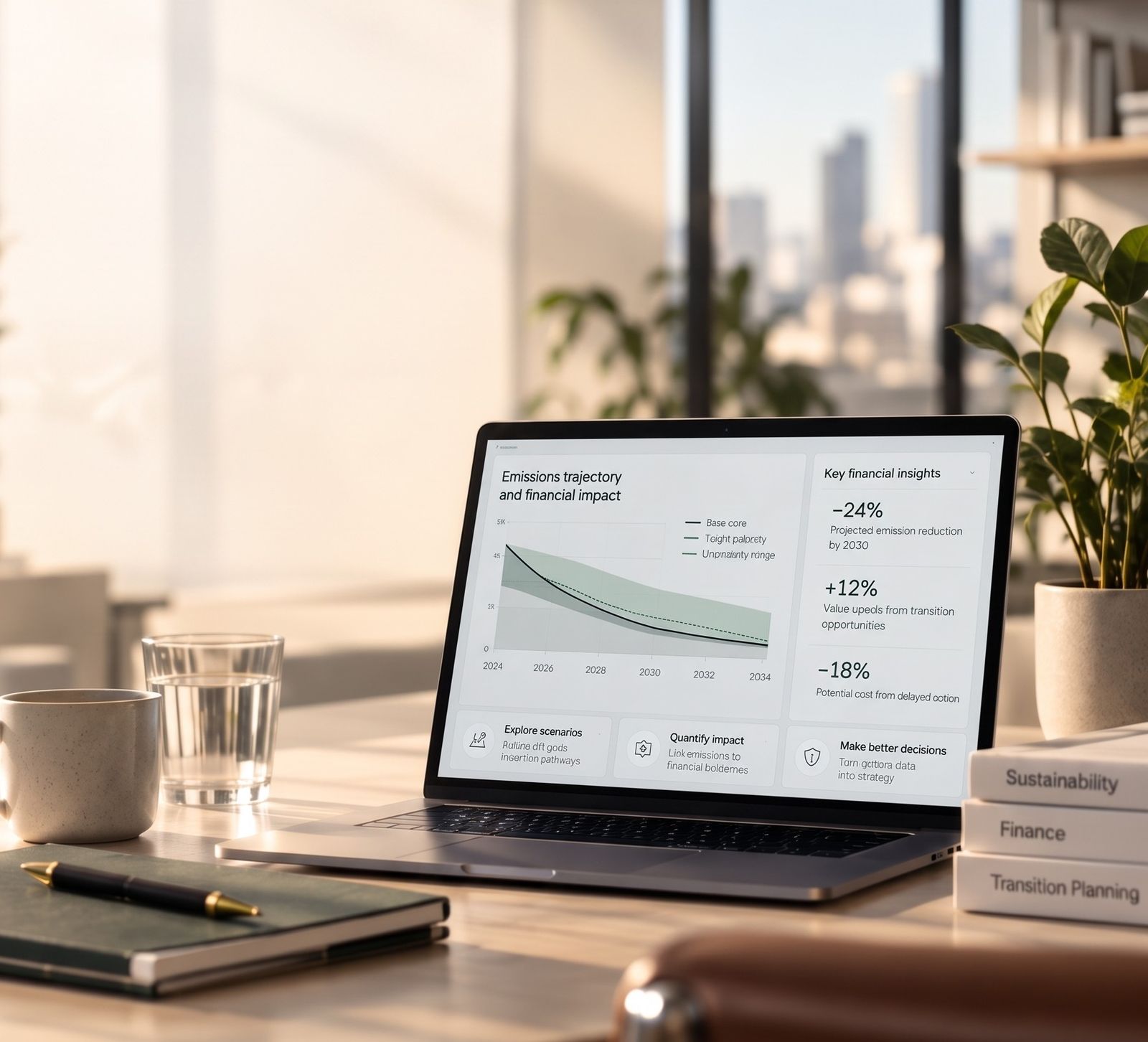 Laptop on an office desk showing an emissions and financial-impact dashboard
