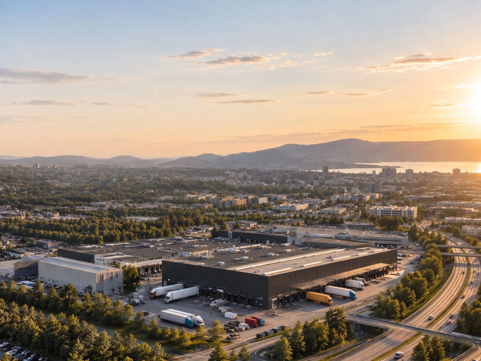 Aerial view of logistics warehouses beside a motorway
