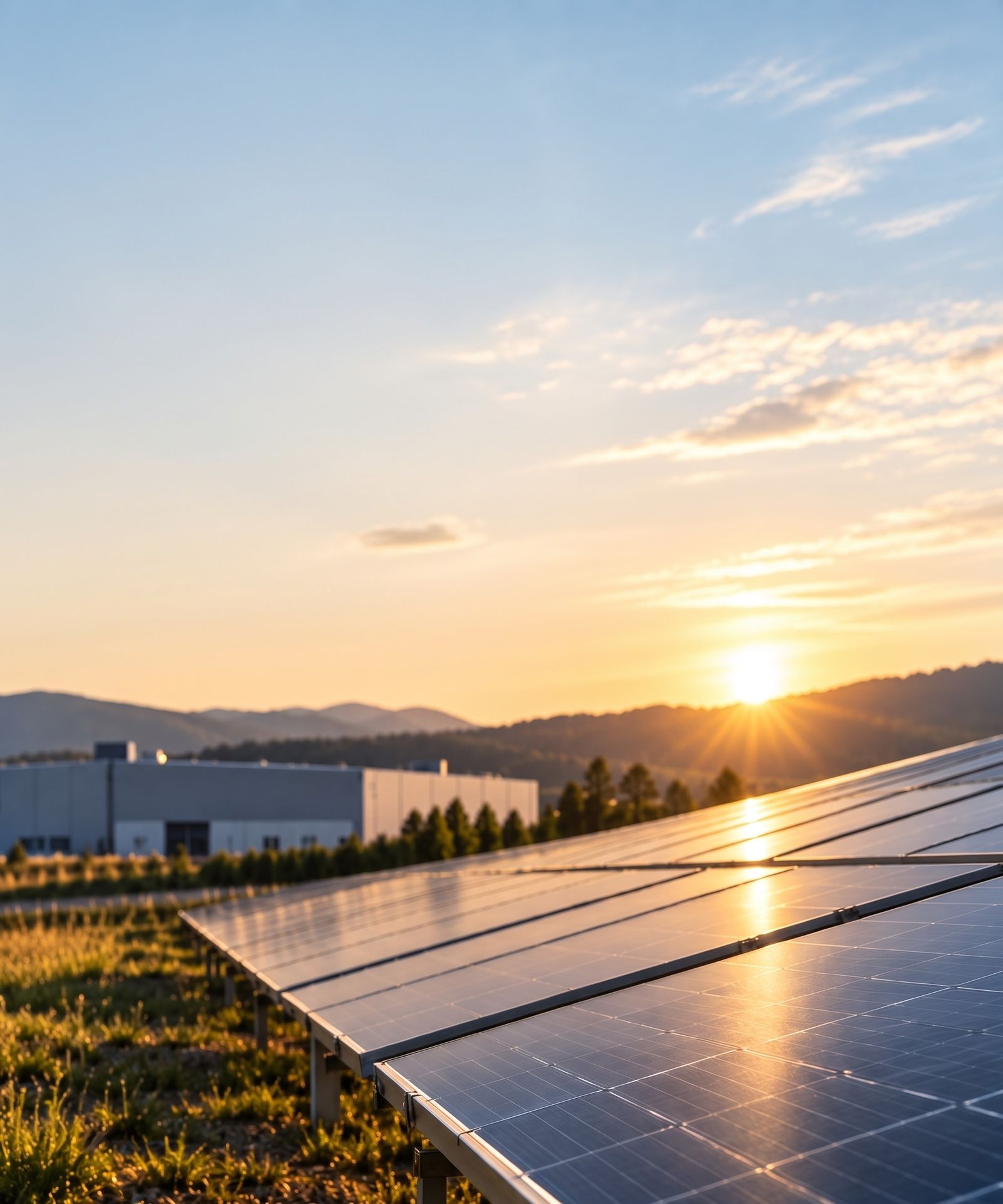 Solar panels in a field at sunset