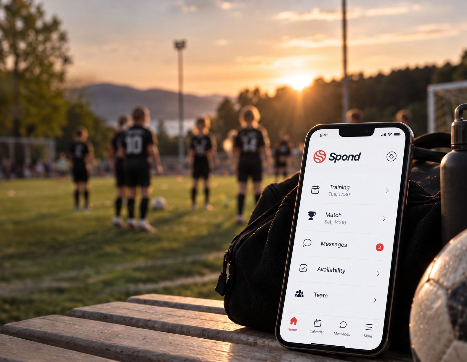 Phone showing the Spond app beside a football pitch where a team is training