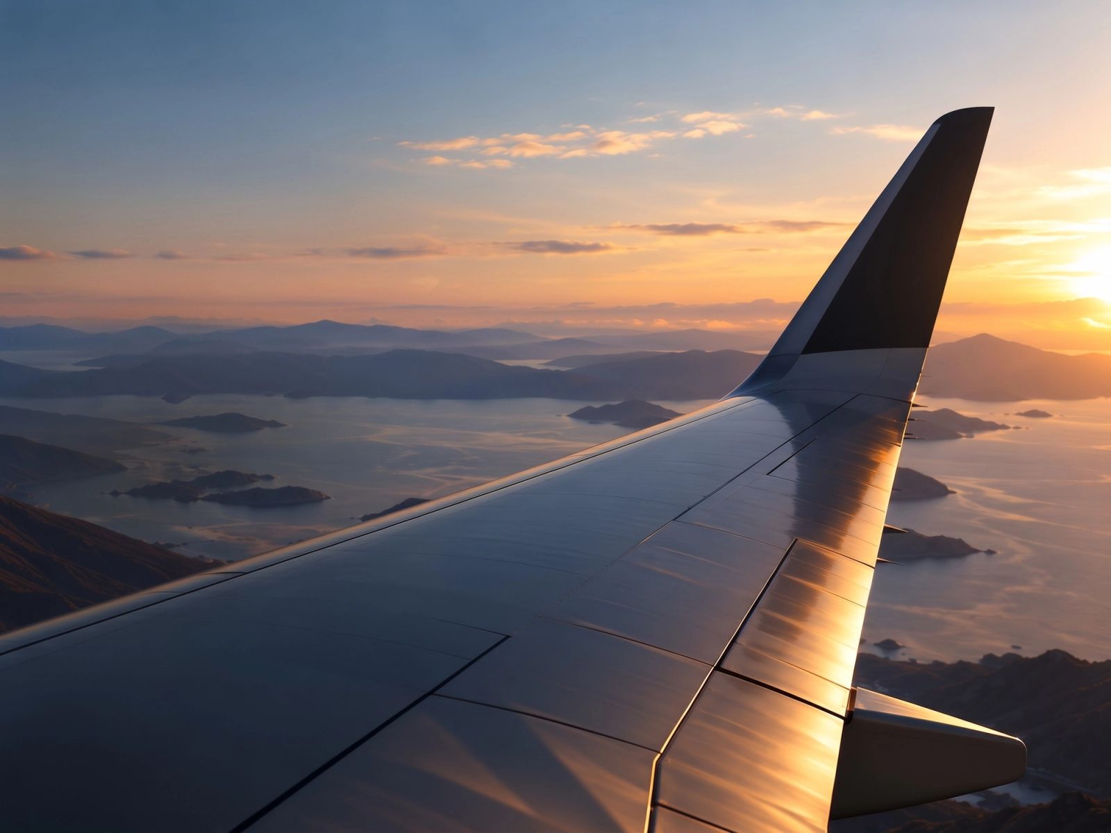 Aircraft wing above islands and mountains at sunset