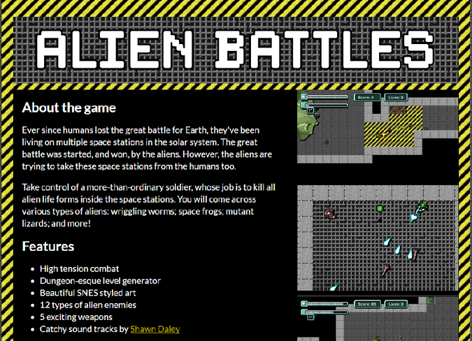 The itch.io page for Alien Battles