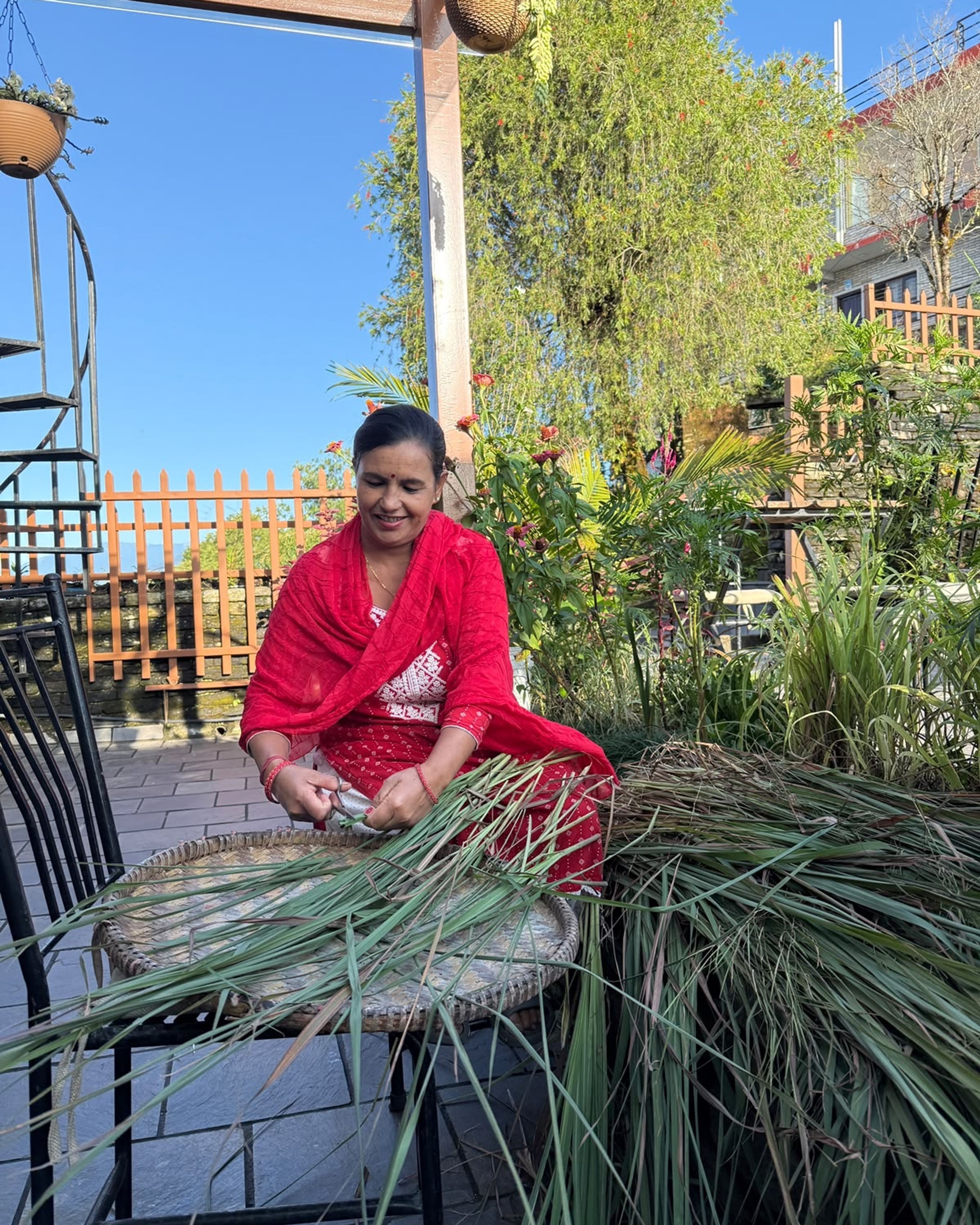 Maya cutting lemongrass onto a round woven tray in the garden