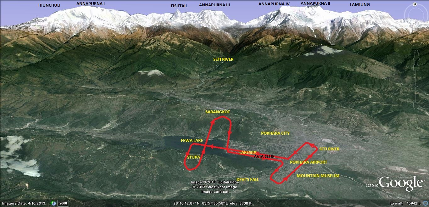 Map of the 15-minute route over Pokhara and Phewa Lake