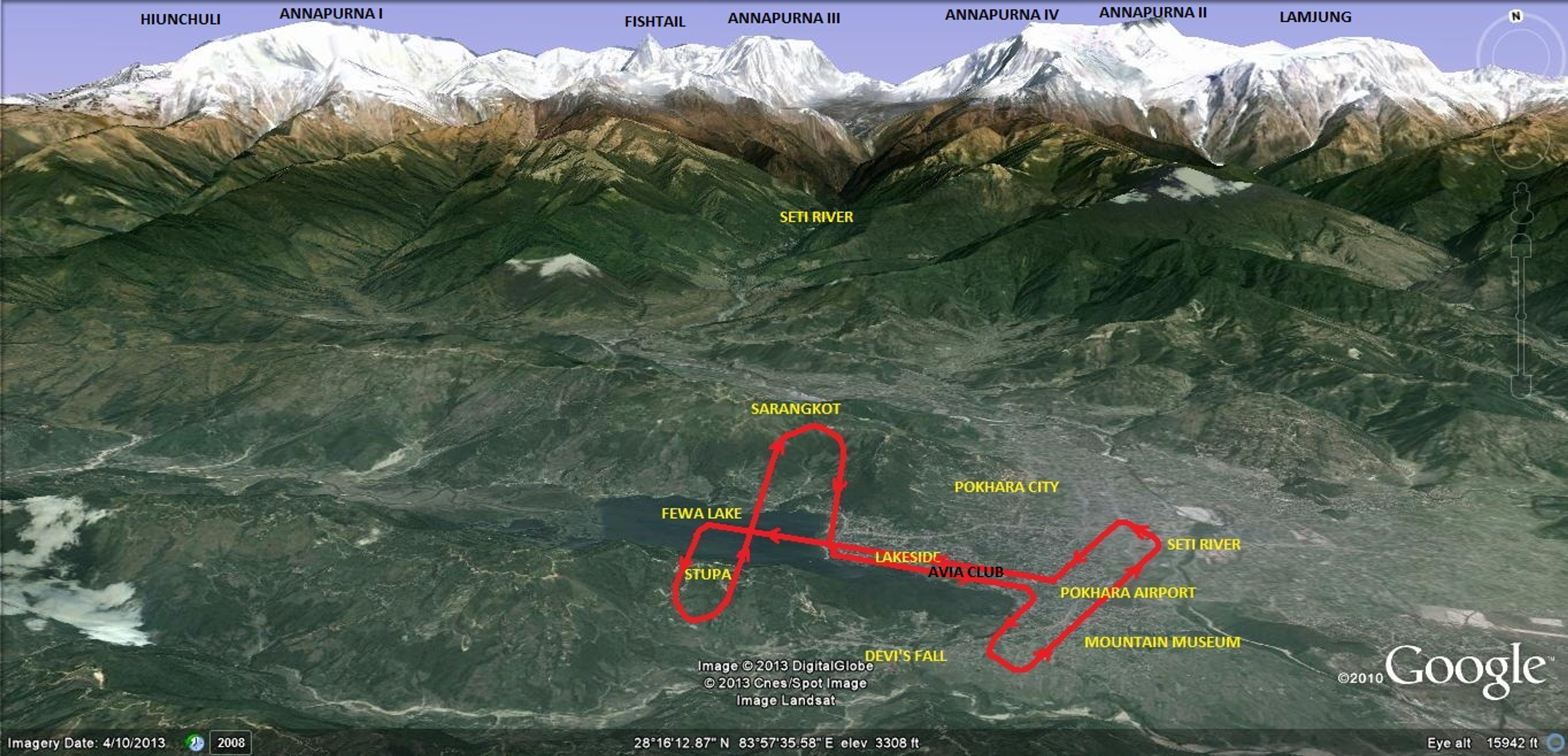 Map of the 15-minute route over Pokhara and Phewa Lake